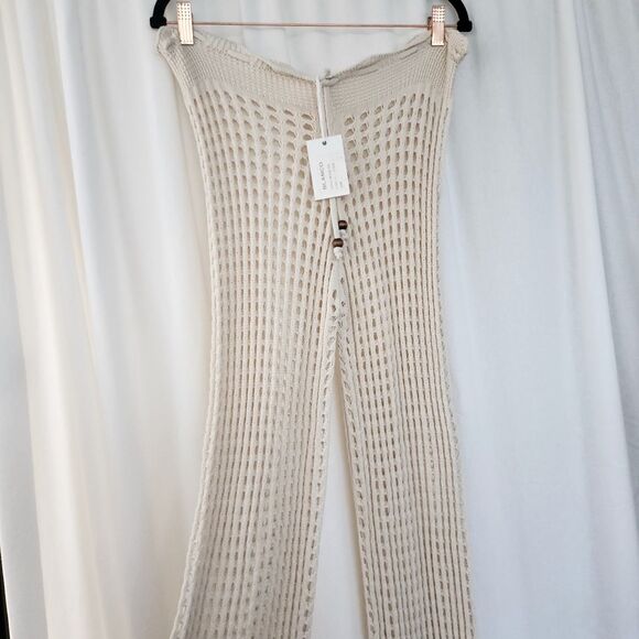 Blanco S Boho Crochet Flare Pants Open Knit Fabric Tan Beige Coastal Cowgirl NWT - Picture 7 of 12